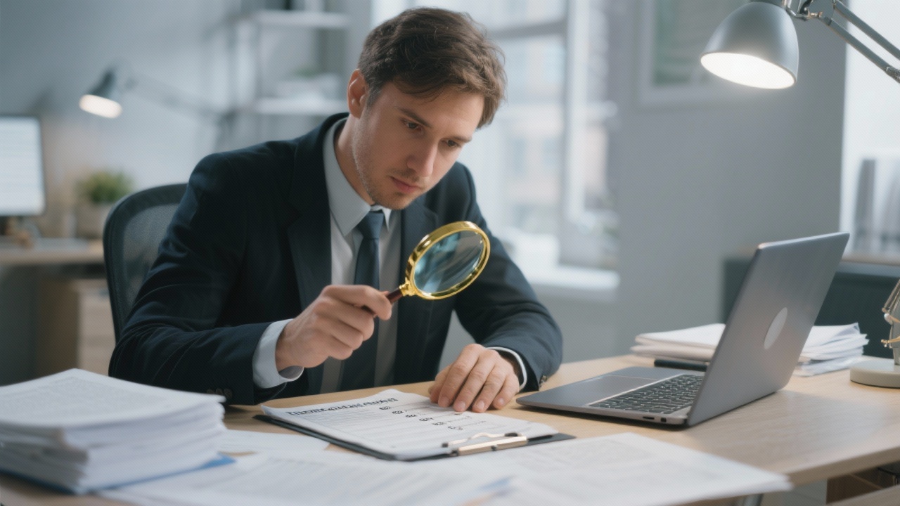 Internal audit session capturing consultant reviewing compliance checklist with magnifying glass, legal references spread on desk, secure laptop, ambient lighting underlines meticulous verification mood