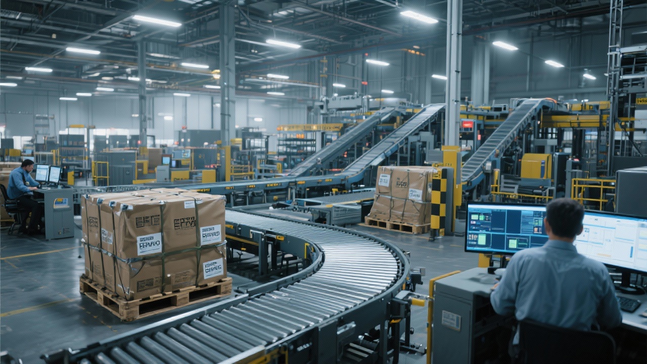 High capacity logistics hub with automated conveyors, cargo pallets labeled for export, supervisors monitoring control screens, bright industrial lighting showcasing efficient cross-border fulfillment operations