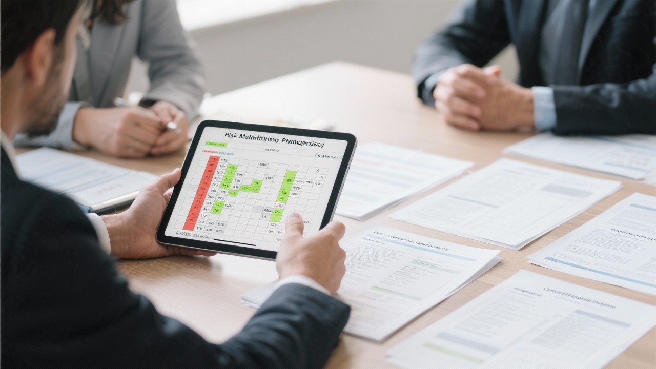 Risk mitigation planning session with risk matrix displayed on tablet, consultants comparing probabilities, printed contingency plans arranged neatly, calm professional atmosphere demonstrating proactive governance