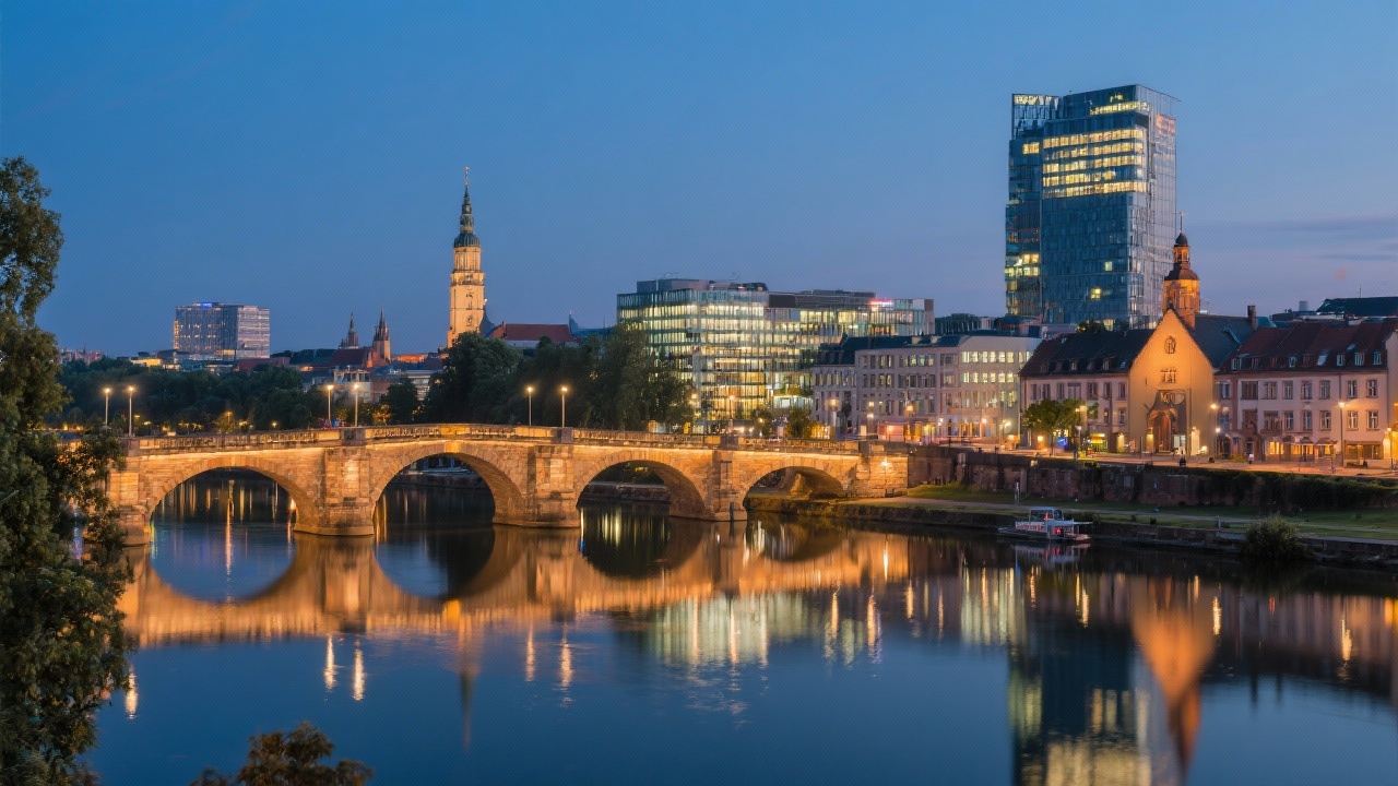 Evening skyline of Saarbrücken with Saar river reflections, historic bridges illuminated, modern offices in background, highlighting regional economic landscape supporting international trade services
