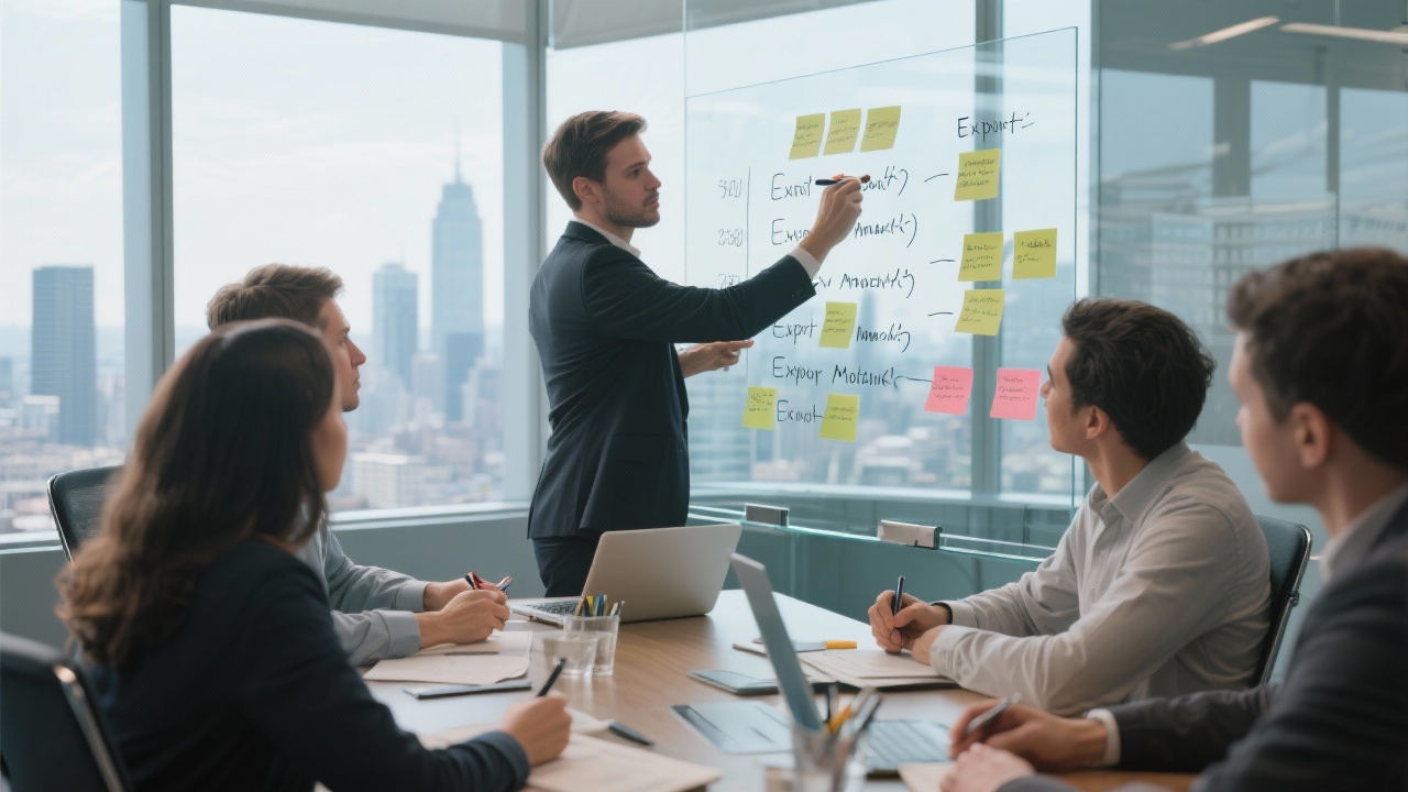 Focused strategy workshop with small team writing on glass board, sticky notes listing export milestones, facilitator guiding discussion, contemporary meeting room with panoramic city view